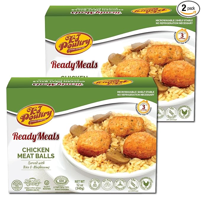 KJ Poultry Kosher Ready Meals - Chicken Meat Balls & Mushrooms, MRE Meat Meals Ready to Eat, Halal, (2 Pack) Prepared Entree Fully Cooked, Shelf Stable Microwave Dinner, Travel, Military, Camping