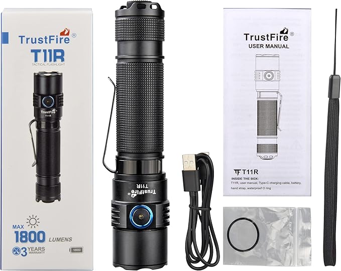 TrustFire T11R Rechargeable LED Tactical Flashlight, 1800 Lumens, Waterproof, Dual Switch, 22 Hours Battery Life