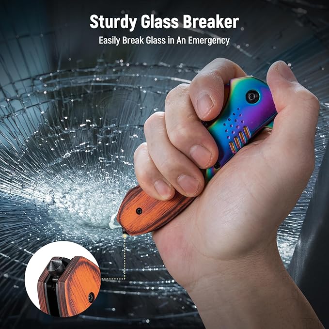 Pocket Knife for Men - 3.46" Sharp Blade Wood Handle Pocket Folding Knives with Clip, Glass Breaker - EDC Knives for Survival Camping Fishing Hiking Hunting Women, Rainbow