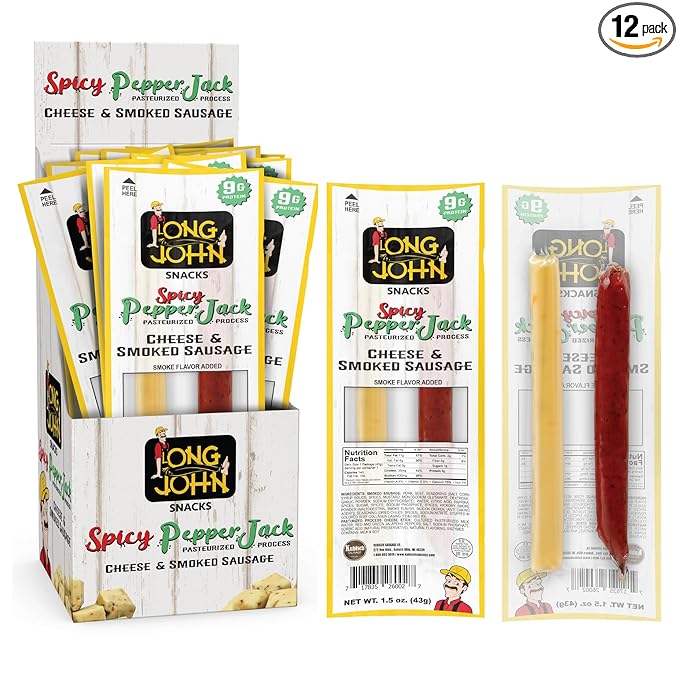 Long John Snacks Meat and Cheese Sticks - Spicy Smoked Sausage & Real Wisconsin Spicy Pepper Jack Cheese Stick - High Protein Snacks Made from Premium USA Pork & Beef - Low Carb, Keto Snack - 12 Pack