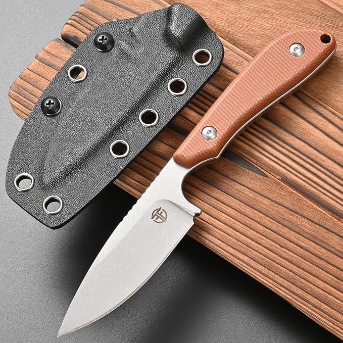 FF101 Micarta Handle Fixed Blade Knife, AUS-10 Steel Blade Full Tang Knife with Sheath for Outdoor Camping Hunting Fishing Working (Brown)