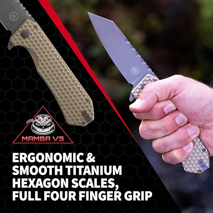 Off-Grid Knives - MAMBA V3, Large EDC Knife with MagnaCut Blade Steel, Titanium Scales and Hardware, Manual Ball Bearing Flipper, Four Finger Grip, Deep Pocket Carry (Coyote Gold)