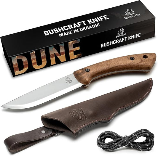BeaverCraft Bushcraft Knife Full Tang Carbon Steel with Leather Sheath ??Camping Bush Knife Fixed Blade ??Outdoor Bushcraft Knives BSH1 Dune
