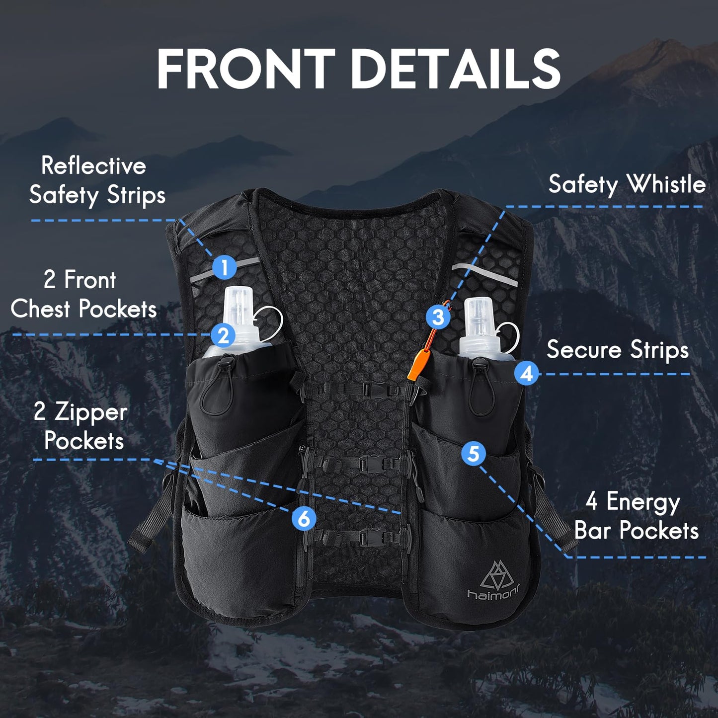 Haimont 5L Trail Running Hydration Vest with Soft Flasks, Black, M