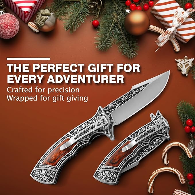 Pocket Knife with Sheath and Clip, 440C Stainless Steel Folding Knife 3D Retro Embossed Pattern, Gifts Christmas, Birthday, Father's Day (D-J37)