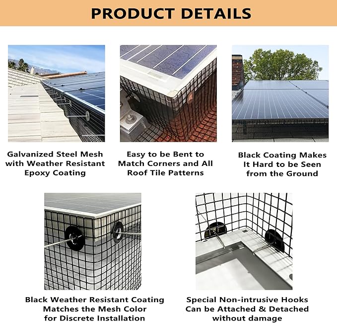 PROLEE 8 Inch X 100FT Solar Panel Bird/Critter Guard Anti-Rust with 100 Fastener Clips Rooftop Solar Panel Bird Wire Screen, Removable Without Damage