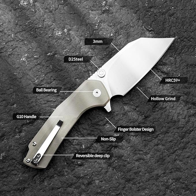 ioko Folding Pocket Knife, 3.5-Inch D2 Steel Blade, G10 Handle, EDC Camping Survival Knife with Clip (Brown)