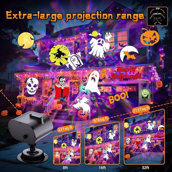 Halloween Projector Lights Outdoor, 2-In-1 HD Moving Pattern Holiday Projector Lights with Remote Control (12 Slides, 15 Colors), Three Fixing Methods, IP65 Waterproof Halloween Decorations with Timer