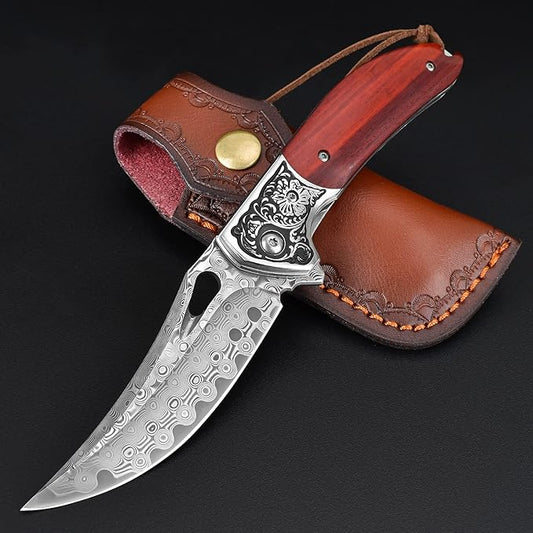 KOMWERO Damascus Pocket Knife for Men Women, Sharp VG10 Core Damascus Steel Knife for Outdoor Camping Survival Hunting - Wood Handle, Ball Bearing, Leather Sheath, Liner Lock