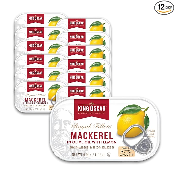 King Oscar Mackerel in Olive Oil with Lemon, 4.05 Ounce Cans (Pack of 12, Packaging May Vary), Skinless & Boneless, Wild Caught Canned Mackerel