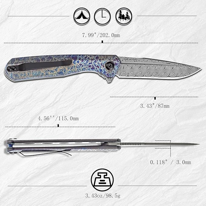 KANSEPT Qilin Pocket Knife, 3.24'' Damascus Sharp Blade, Titanium Lightning Strike Finish Handle for Edc, Flipper and Liner Lock with Double-Sided Clip, Men Camping Survival Folding Knives K1047A3
