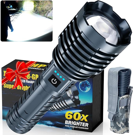 Super Bright Rechargeable LED Flashlights 5000.000High Lumens,Powerful Tactical Flashlight Up to 25H Long Battery Life|Zoomable|5Light Modes|IP67 Waterproof,Flashlights High Lumens for Camping (Grey)