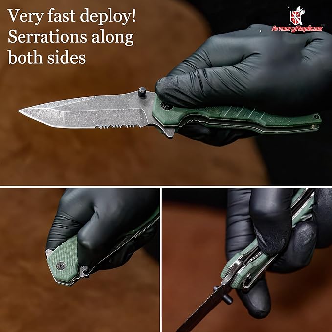 Armory Replicas??Spring Assisted Tanto Folding Knife ??3CR13 Steel Blade with Partial Serration, G10 Handle, Stonewash Finish, Liner Lock & Pocket Clip