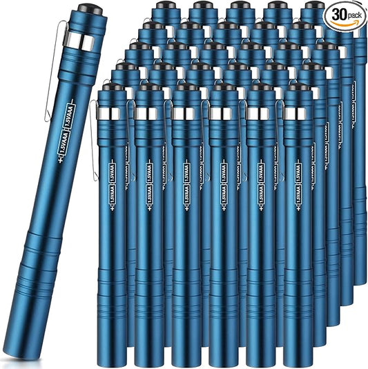 30 Pack Mini Pen Flashlights Bulk LED Pen Lights Aluminum Pocket Flashlights with Clips Small Handheld Torches Gifts for Camping Hiking Emergency Outdoor (Blue)
