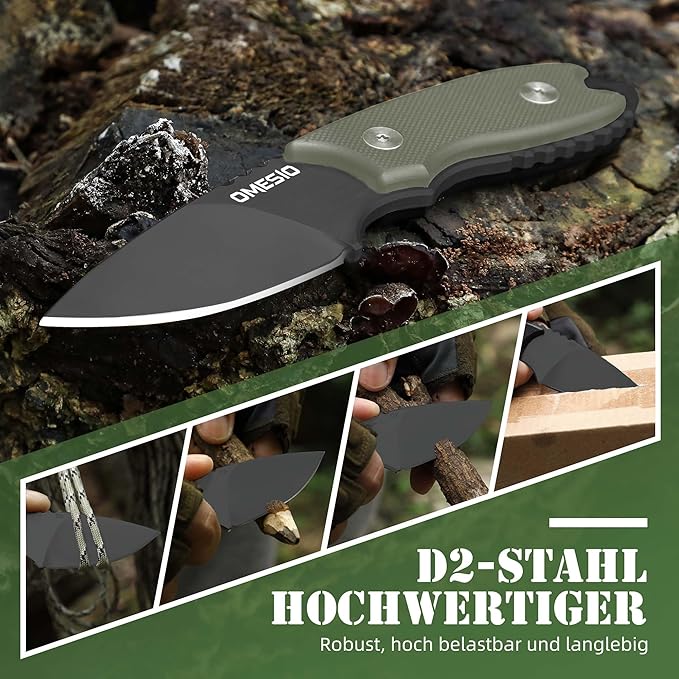 Omesio Neck Knife with Sheath and Necklace, 5.43" Small Fixed Blade Knife, Full Tang with Clip, D2 Steel 2.17-Inch Blade, G10 Handle for Outdoor, Camping, EDC (Black Blade + Green Handle)