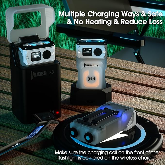 WUBEN X3 Mini Rechargeable Flashlight with Charging Base 180 Degree EDC Keychain Flashlight Twist Ip65 Waterproof Magnet Pocket Flashlights 10 Mode Type-C Lanyard for Camping, Outdoor,Inspection, Gift