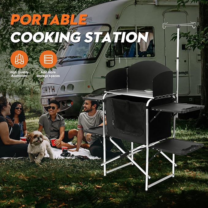 Camping Kitchen Table, Outdoor Cooking Table with 4 Panels & Storage Bag, Aluminum Folding Cooking Station, Heat Resistant Tabletop, Carrying Bag, Quick Set-up for RV,BBQ,Picnic,Traveling