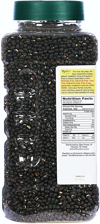 Rani Organic Urid/Urad Whole Black (Matpe Beans With Skin) Indian Lentils 32oz (2lbs) 908g PET Jar ~ All Natural | Vegan | Gluten Friendly | NON-GMO | Indian Origin | USDA Certified Organic