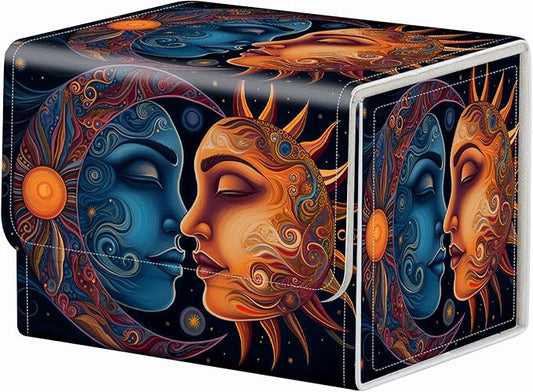 Strong Magnet MTG Card Box Playing Card Box Magic Deck Box TCG Up to 200 Cards Creative Pattern Trading Card Storage Box for Collectible Card Games, Sun Moon Stars Tarot Cards