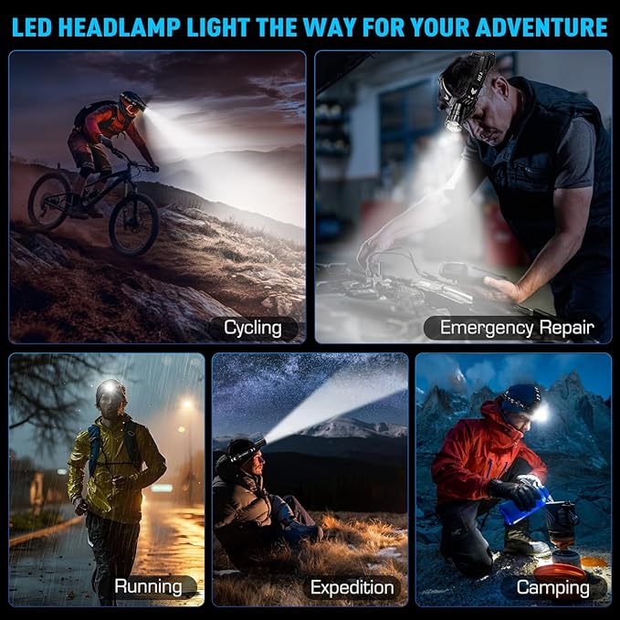 Sinvimes High Lumen LED Rechargeable Headlamp, 95H Long Battery Life Head Lamp with 5 Modes & IPX7 Waterproof & Zoomable, 120° Adjustable Head Light for Adults, Outdoor, Camping, Hardhat
