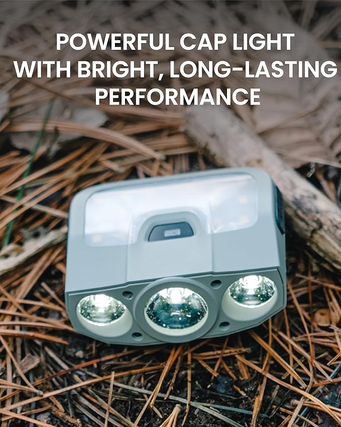 Claymore Capon 200H (Mint Gray) - LED Rechargeable Clip-On Cap Headlamp, Lightweight Hat Light for Camping, Running, Hiking, Emergency & Industrial Use, Waterproof, USB-C, 55 Hours of Battery Life.
