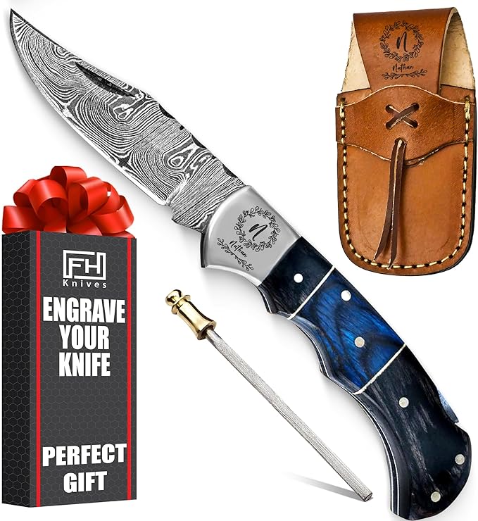 6.5' Personalized Engraved Damascus pocket knife for men Small folding knife for outdoor, camping, hiking, Customized Retirement Gifts for Husband Dad Boyfriend, Christmas