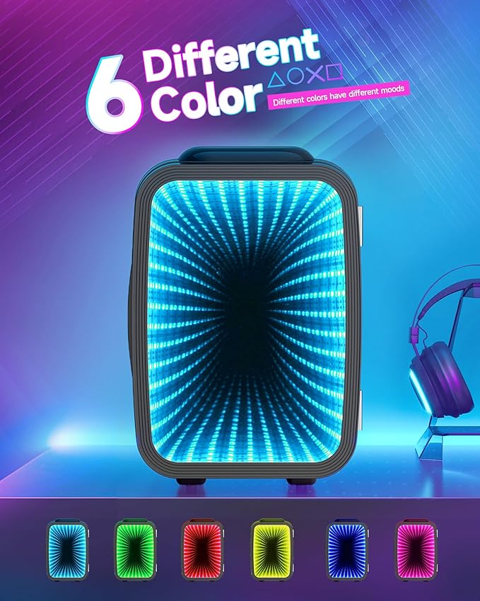 Mini Fridge, 4 Liter/6 Cans Small Refrigerator With Dimmable LED Light,AC/DC Portable Thermoelectric Cooler and Warmer Gaming mini fridge for Bedroom,Office,Gaming room and Car (Black)