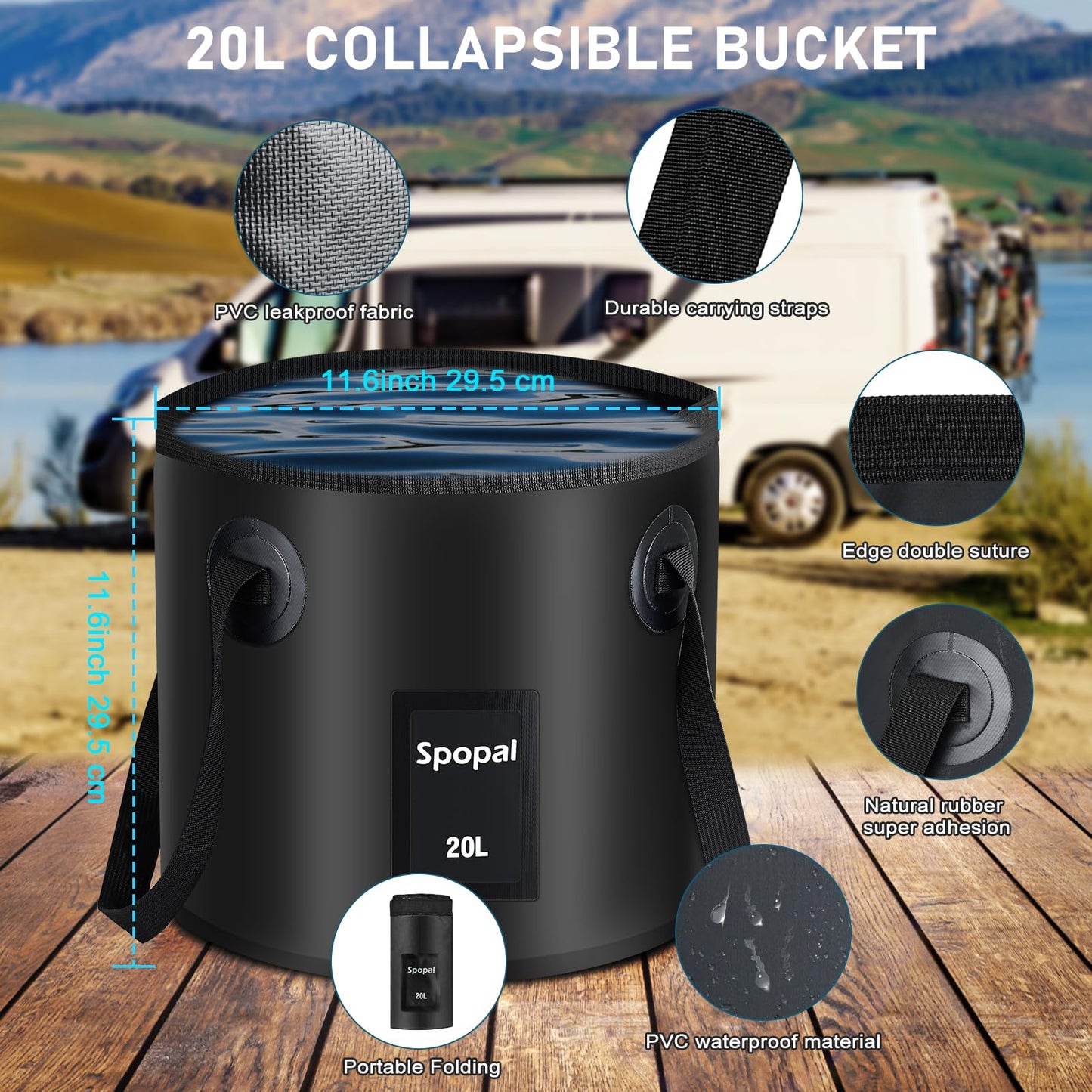 Spopal Rechargeable Camping Shower with Collapsible Bucket Handle 20L