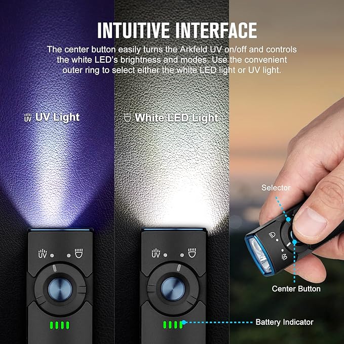 OLIGHT Arkfeld UV Rechargeable EDC Flashlight, 1000 Lumens White LED and 365nm Blacklight Combo for Outdoors, Emergency, Working, Pet Urine Detection (Black CW)