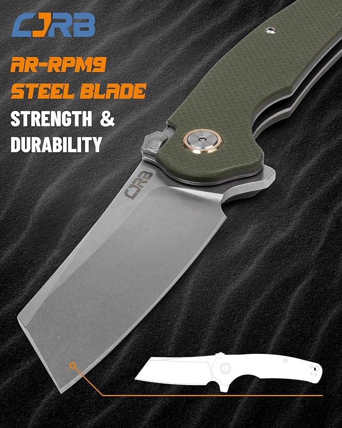 CJRB Crag Tactical Knife, Cleaver Pocket Folding Knife with Stonewash AR-RPM9 Steel Blade and G10 Handle for Men Outdoor, Survival, Camping and EDC (J1904R),Green