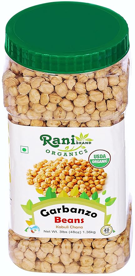Rani Organic Garbanzo Beans (Kabuli Chana) 48oz (3lbs) 1.36kg Bulk PET Jar ~ All Natural | Vegan | Gluten Friendly | NON-GMO | Indian Origin | USDA Certified Organic