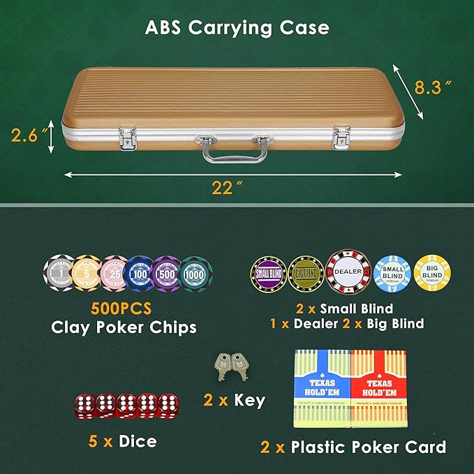 ORIENGEAR Poker Chip Set with Denominations 500 PCS with 14 Gram Numbered Clay Chips, Texas Hold?™em Casino Chip Sets with 2 Decks of Plastic Playing Cards, for Blackjack Gambling Games, Golden Case