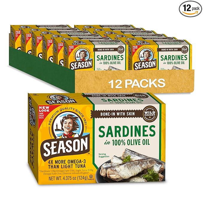Season Sardines in Olive Oil - Wild Caught, 22g of Protein, Keto Snacks, More Omega 3's Than Tuna, Kosher, High in Calcium, Canned Sardines - 4.37 Oz Tins, 12-Pack