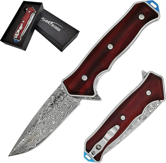 ALBATROSS Premium Damascus Folding Knife - EDC Pocket Knife with Cocobolo Wood Handle, 3.5" Blade, Liner Lock System - Outdoor Camping Hunting Survival Tool - Gift for Men-HGDK001