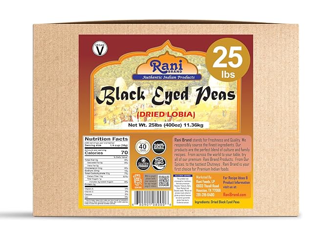 Rani Black Eyed Peas, Dried Cowpeas (Lobhia) 400oz (25lbs) 11.36kg Bulk Box ~ All Natural | Vegan | Kosher | Gluten Friendly | Product of USA