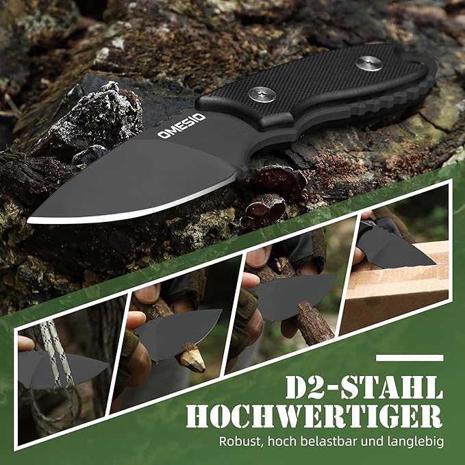 Omesio Neck Knife, 5.43" Neck Knife with Sheath and Necklace, Full Tang Small Mini Fixed Blad Knife with Clip D2 Steel 2.17-Inch Blade G10 Handle for Camping, Tactical (Black Handle + Black Blade)