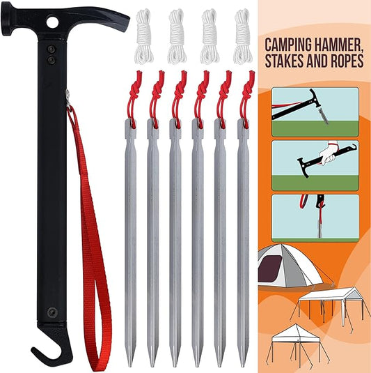 Eurmax USA Hiking Camping Tent Stakes and Hammer Set Lightweight Multi-Function Tent Hammer with Tent Stake Remover,Tent Pegs for Camping, Hiking, Backpacking, Gardening(Silver Stakes)