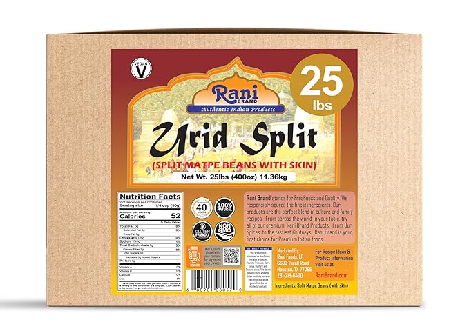 Rani Urid/Urad Split Chilka (Split Matpe Beans with Skin) Indian Lentils 400oz (25lbs) 11.36kg Bulk Box ~ All Natural | Gluten Friendly | Non-GMO | Kosher | Vegan | Indian Origin