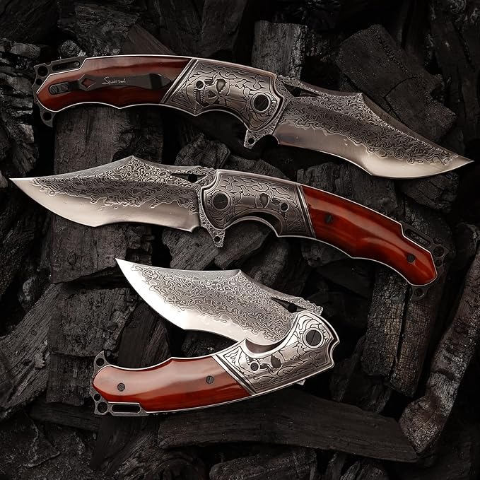 Damascus pocket knife clip leather sheath, VG10 core folding knife, portable EDC clip, outdoor survival camping bone handle