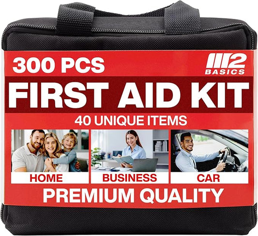 M2 BASICS Premium First Aid Kit, 300 Pieces, 40 Unique Items ??First Aid Kit for Home, Car, Vehicles, Business, Travel, Outdoors, Camping, Travel Sports ??Durable Bag, Emergency Medical Supplies