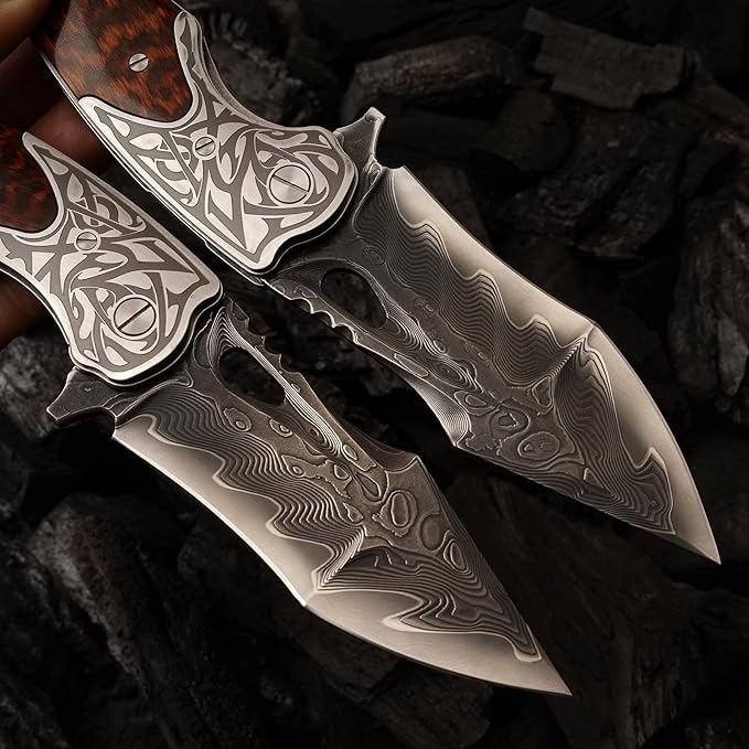 handmade damascus steel pocket folding knife, Snakewood handle with pocket clip and leather case, camping, climbing, fishing, EDC pocket knife