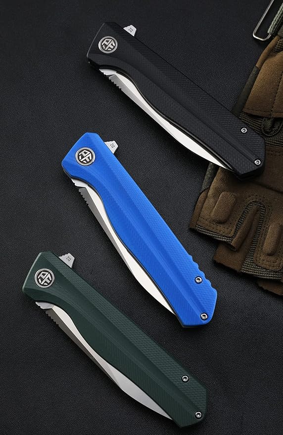 Petrified fish G10 handle D2 steel blade 2CR13 liner ball bearing flipper folding knife camping hunting EDC pocket tool PF818 (Blue, Stonewash)