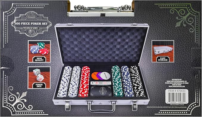 Sunny Days Entertainment Elbow Room Games 300 Piece Poker Set, Includes Colored Chips, Dice, Dealer and Blind Chips, Deck of Cards in a Carrying Case
