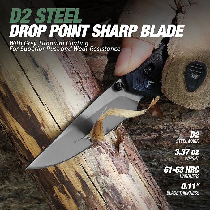 FLISSA Pocket Knife, Folding Knife with D2 Steel Blade, Shaft Lock, G10 Handle, Ball Bearing and Pocket Clip for EDC, Camping, Hiking, Fishing, Outdoor Activities