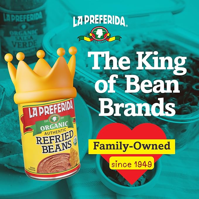 La Preferida Organic Refried Pinto Beans (100% Vegan & Lard-Free) Just 3 Simple Ingredients – USDA Certified, 9g of Protein & 5g of Fiber Per Serving, 15 oz. (Pack of 18)