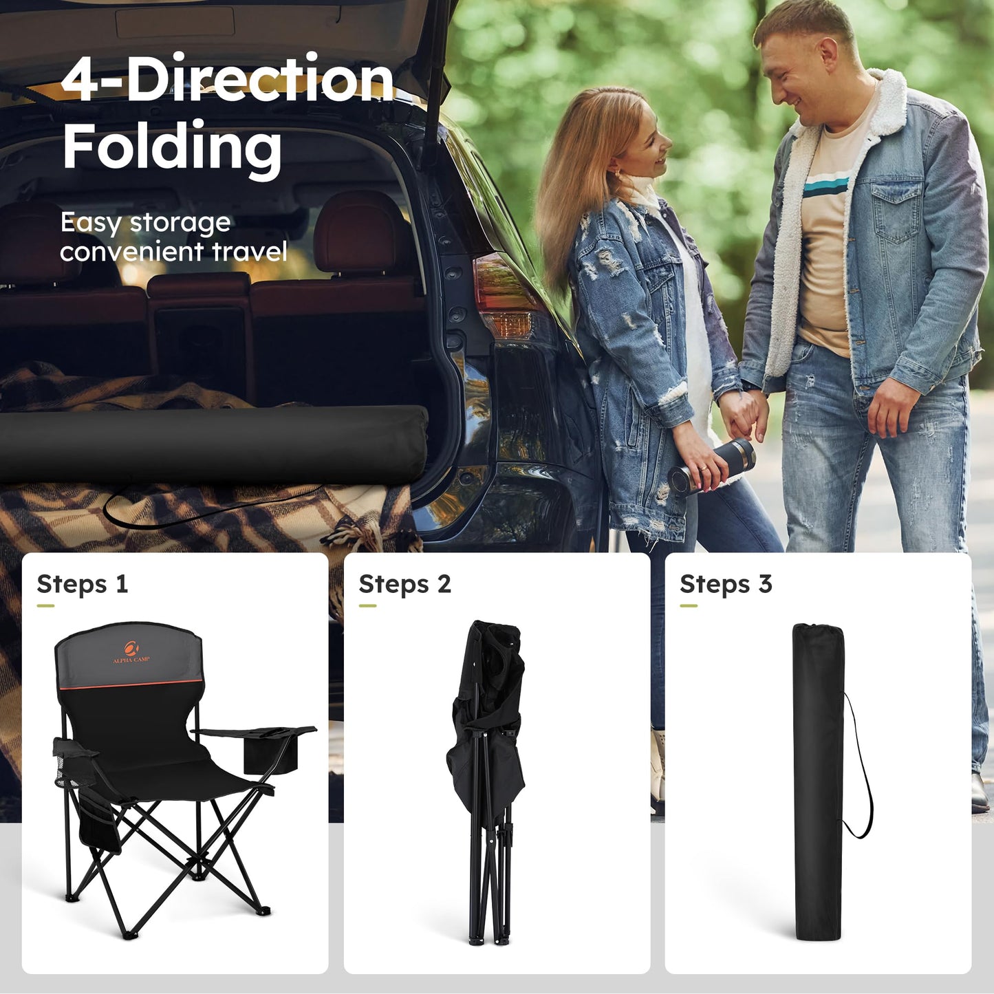 ALPHA CAMP 2-Pack Folding Camping Chair with Cooler Bag & Lumbar Support