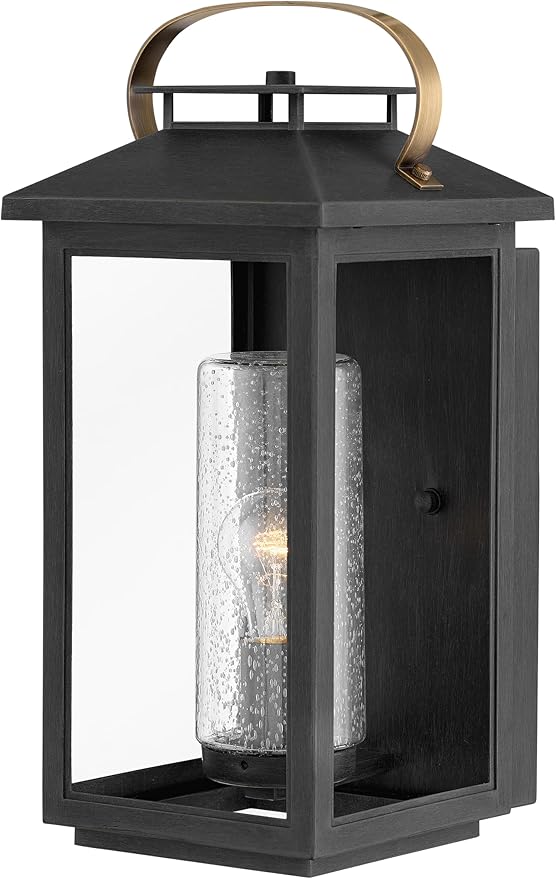 Hinkley Atwater Medium Wall Mount Outdoor Lantern - Anti-Fade, Clear Seedy Glass, Composite, LED Included - Black Finish