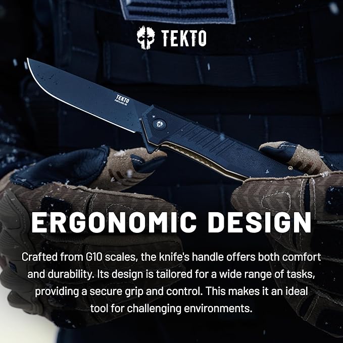 F1 Alpha Folding Pocket Knife - Modified Straight Back Blade, Titanium Coated D2 Steel, Ideal for Outdoor Camping and Backpacking, Tactical G10 Black Handle, Bronze Titanium Accents