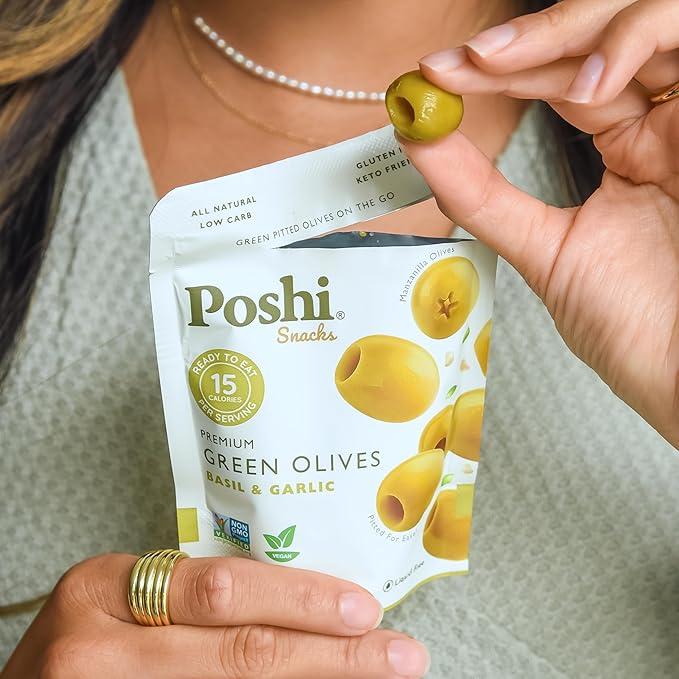POSHI Green Pitted Olives - Basil & Garlic | Vegan, Kosher, Gluten Free + Keto Friendly, Fresh, Low Calorie Healthy Snacks | (30 Pack, 1.1oz Bags)