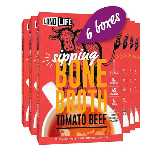 LonoLife Tomato Beef Bone Broth Powder Mix | Grass-Fed, 10g Protein | Collagen-Rich, Keto & Paleo Friendly | Natural Ingredients | 24 Portable Stick Pack Servings